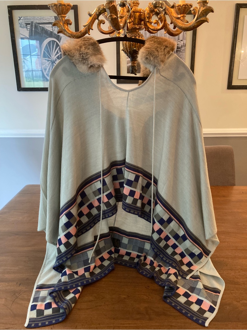 La rok Luxe brand beige Poncho with Navy and Pink Trim genuine FUR hood